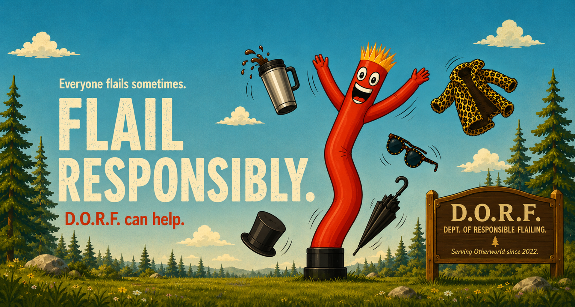 Flail Responsibly poster with the D.O.R.F. tube man in a forest scene